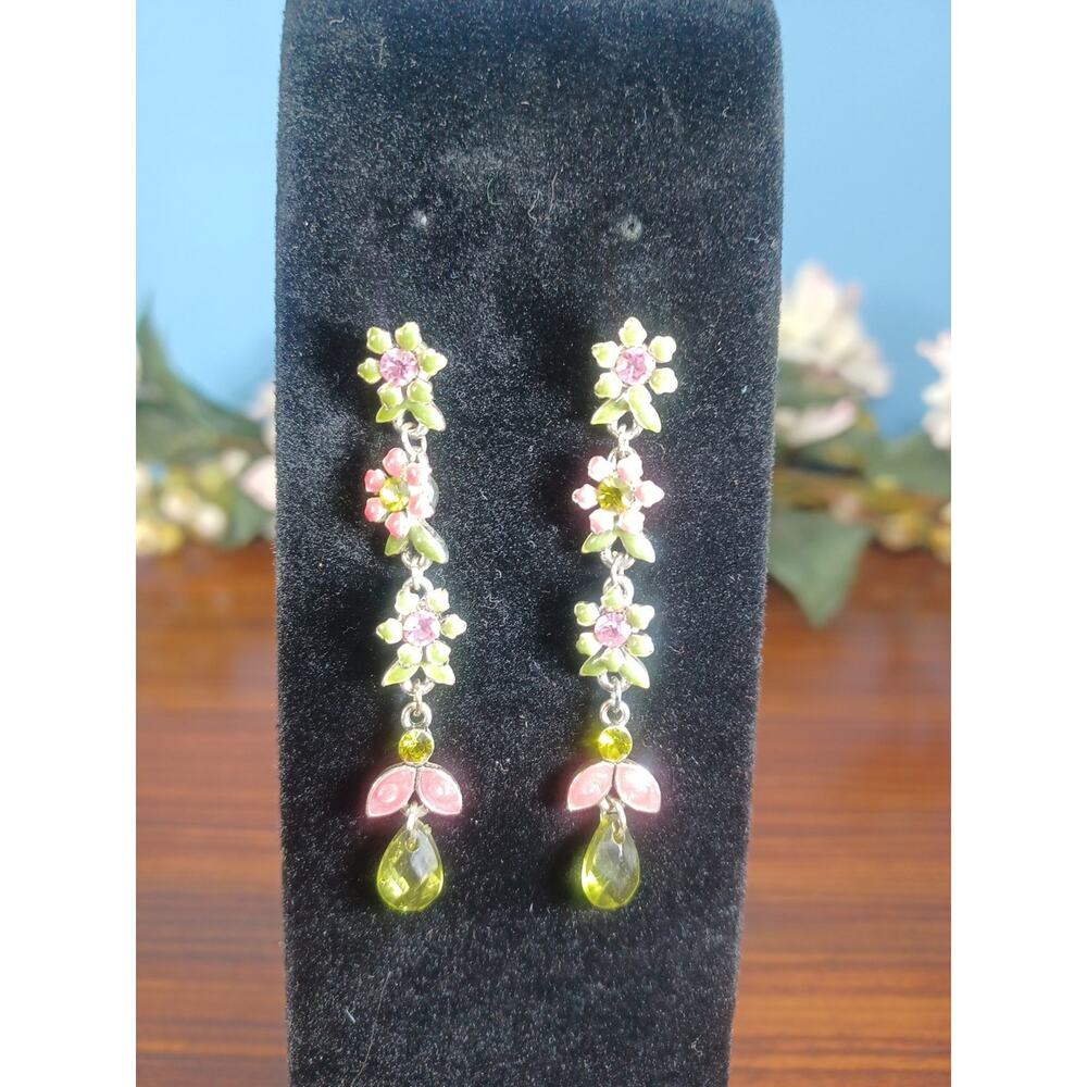 Enameled Sparkling Flowers Dangle Drop Earrings Pierced Pink & Green Gorgeous